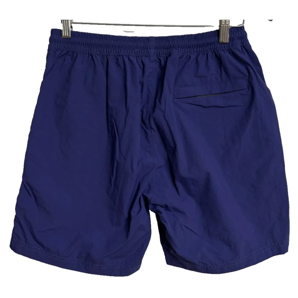 Feature Swim Trunks Men Medium Navy Blue Elastic Pockets Waist Athletic Shorts